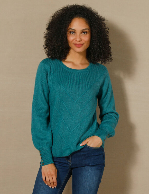 Pull maille fantaisie et détail boutons poignets, toucher doux (turquoise foncé) Pull maille fantaisie et détail boutons poignets, toucher doux (turquoise foncé)
